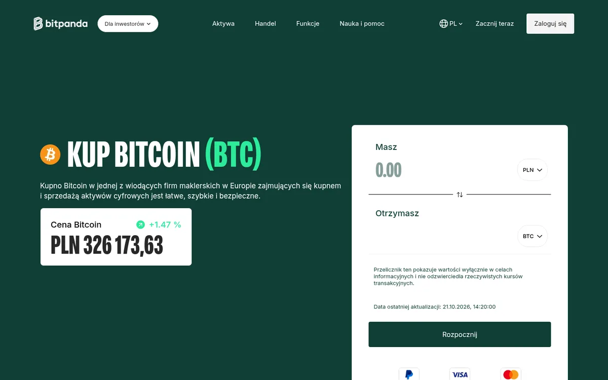 Strona zakupu bitcoina w Bitpanda – kup kryptowalutę w serwisie Bitpanda