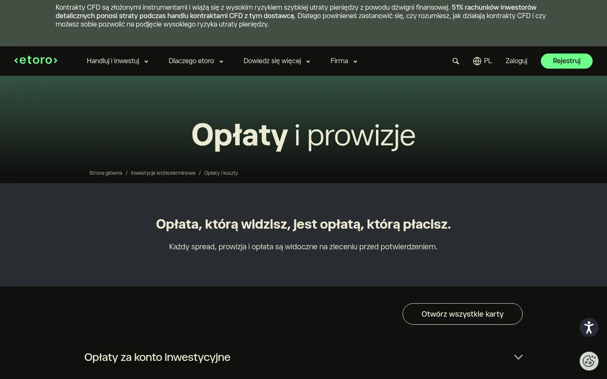Strona opłat eToro – kup kryptowalutę w serwisie eToro