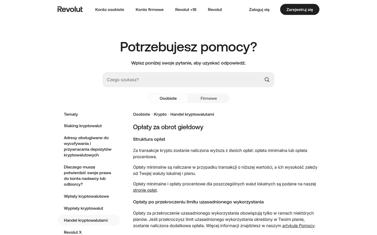 Strona pomocy Revolut o opłatach za kryptowaluty – kup kryptowalutę w serwisie Revolut